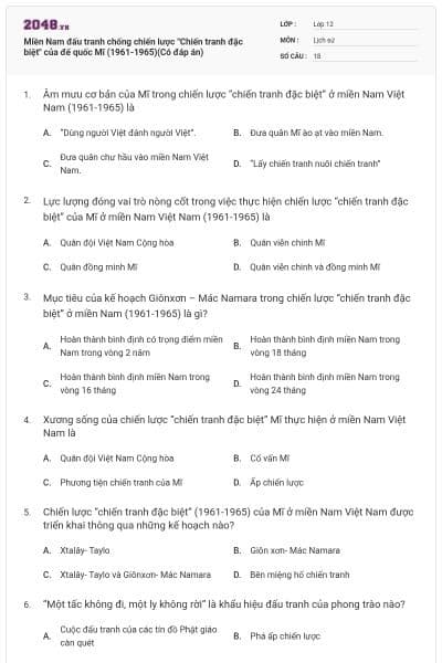 Miền Nam đấu tranh chống chiến lược "Chiến tranh đặc biệt" của đế quốc Mĩ (1961-1965)(Có đáp án)