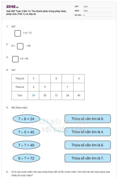 Giải SBT Toán 3 Bài 13: Tìm thành phần trong phép nhân, phép chia (Tiết 1) có đáp án