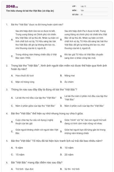 Tìm hiểu chung về bài thơ Việt Bắc (có đáp án)