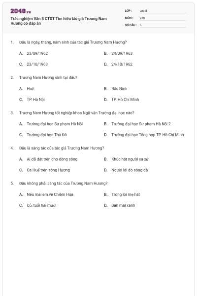 Trắc nghiệm Văn 8 CTST Tìm hiểu tác giả Trương Nam Hương có đáp án