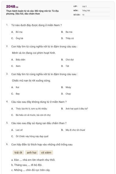 Thực hành luyện từ và câu: Mở rộng vốn từ: Từ địa phương. Dấu hỏi, dấu chấm than