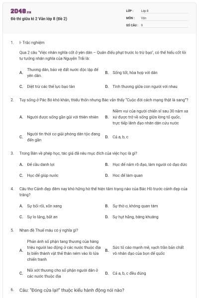 Đề thi giữa kì 2 Văn lớp 8 (Đề 2)