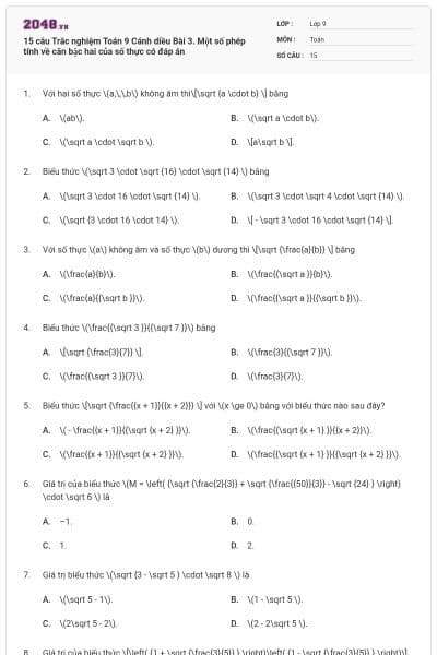 15 câu Trắc nghiệm Toán 9 Cánh diều Bài 3. Một số phép tính về căn bậc hai của số thực có đáp án