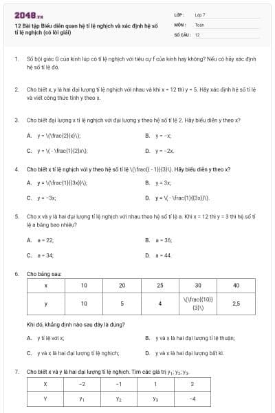 12 Bài tập Biểu diễn quan hệ tỉ lệ nghịch và xác định hệ số tỉ lệ nghịch (có lời giải)