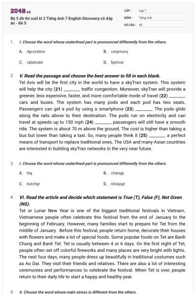 Bộ 5 đề thi cuối kì 2 Tiếng Anh 7 English Discovery có đáp án - Đề 5