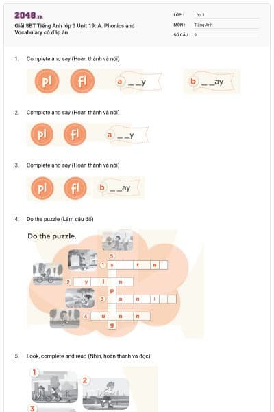 Giải SBT Tiếng Anh lớp 3 Unit 19: A. Phonics and Vocabulary có đáp án