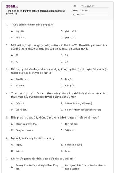 Tổng hợp đề thi thử trắc nghiệm môn Sinh Học có lời giải (Đề số 12)