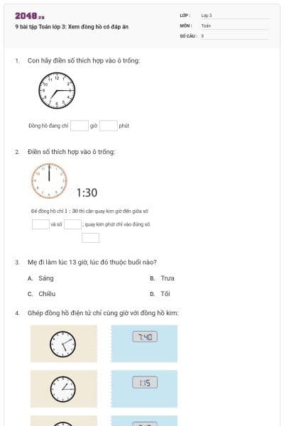 9 bài tập Toán lớp 3: Xem đồng hồ có đáp án