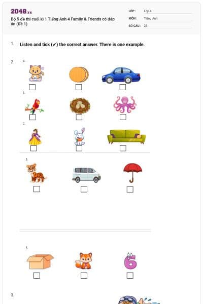 Bộ 5 đề thi cuối kì 1 Tiếng Anh 4 Family & Friends có đáp án (Đề 1)