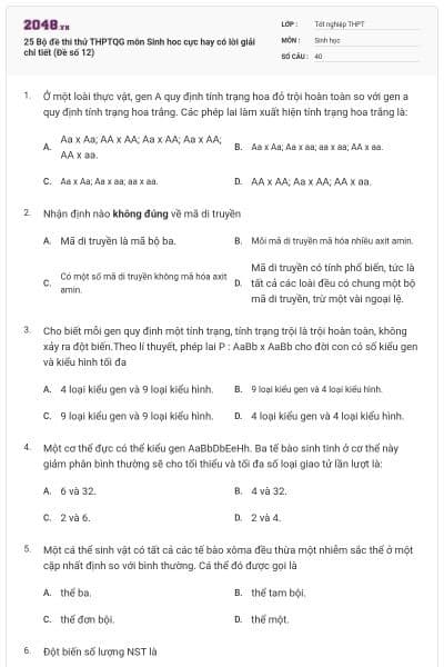 25 Bộ đề thi thử THPTQG môn Sinh hoc cực hay có lời giải chi tiết (Đề số 12)