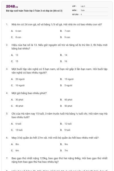 Bài tập cuối tuần Toán lớp 3 Tuần 3 có đáp án (Đề số 3)
