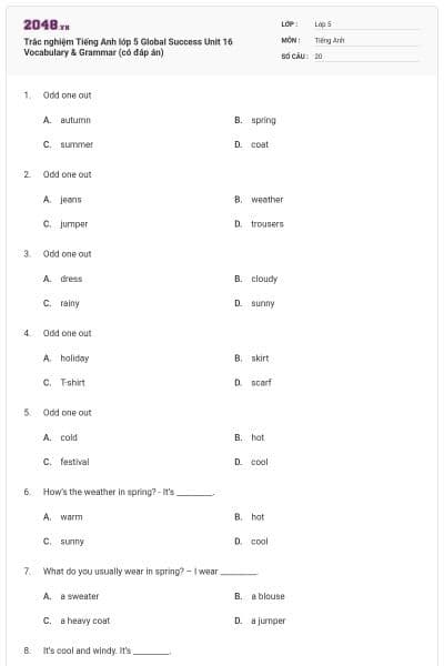 Trắc nghiệm Tiếng Anh lớp 5 Global Success Unit 16 Vocabulary & Grammar (có đáp án)