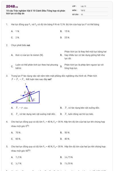 10 câu Trắc nghiệm Vật lí 10 Cánh Diều Tổng hợp và phân tích lực có đáp án