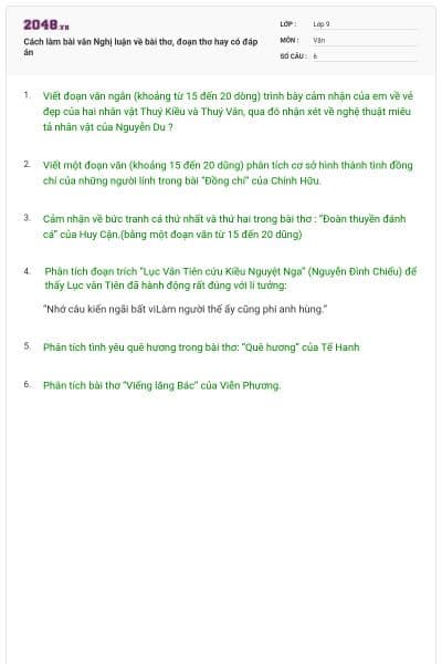 Cách làm bài văn Nghị luận về bài thơ, đoạn thơ hay có đáp án