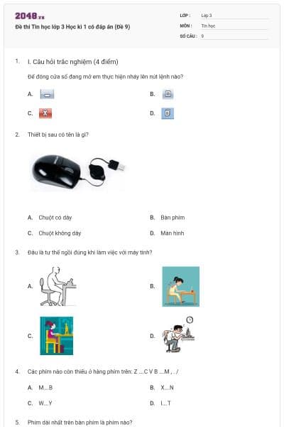Đề thi Tin học lớp 3 Học kì 1 có đáp án (Đề 9)
