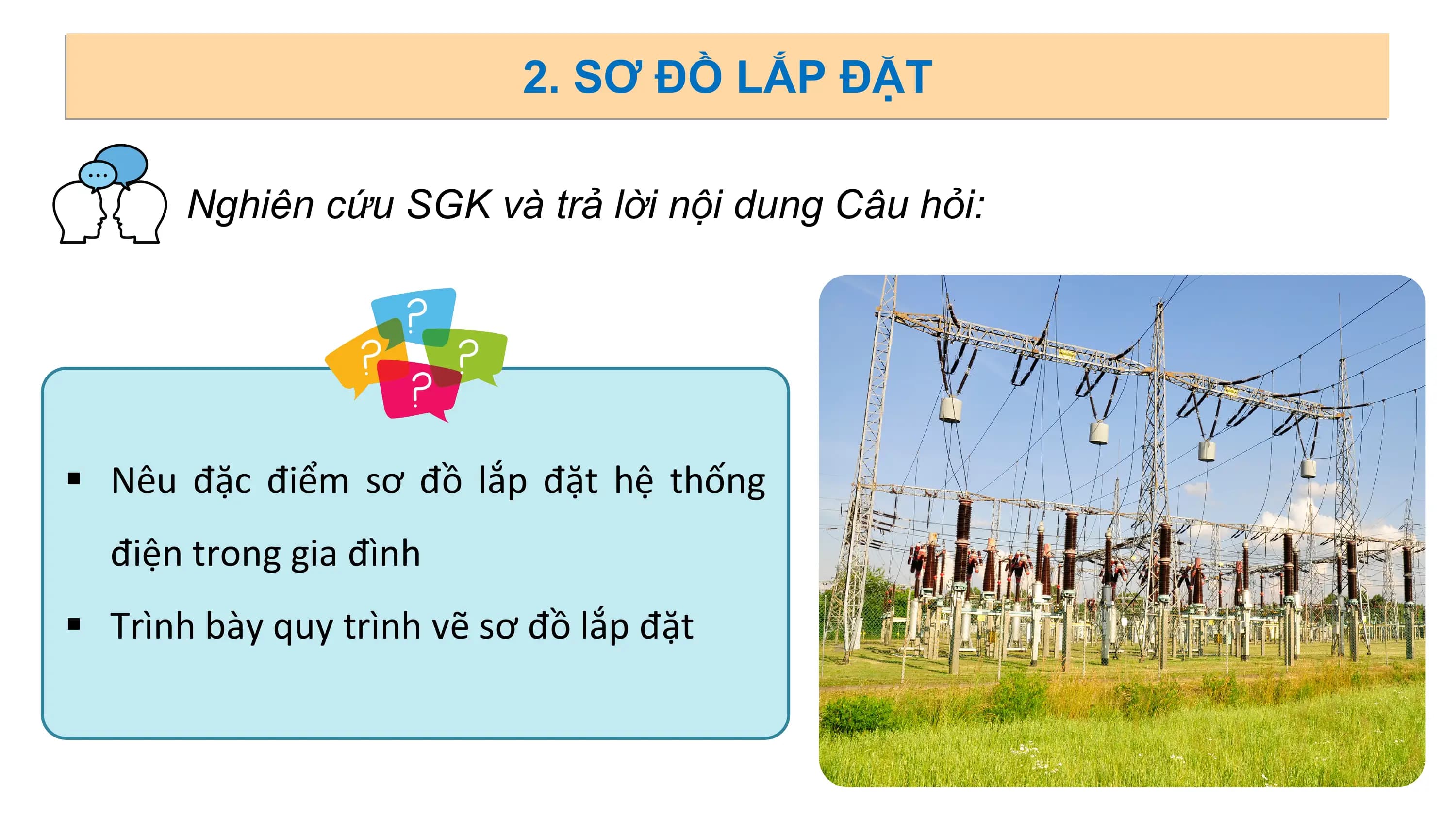 2. SƠ ĐỒ LẮP ĐẶT
Nghiên cứu SGK và trả lời nội dung Câu hỏi:
§ Nêu đặc điểm sơ đồ lắp đặt hệ thống
điện trong gia đình
§ Trình bày quy trình vẽ sơ đồ lắp đặt