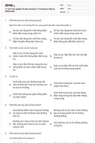 11 câu Trắc nghiệm Ôn tập chương 4: Từ trường có đáp án (Nhận biết)
