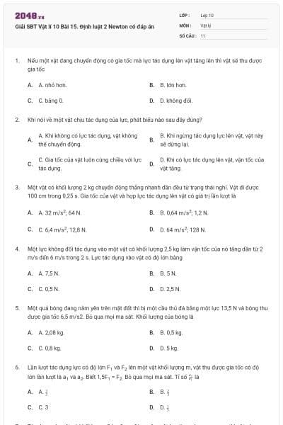 Giải SBT Vật lí 10 Bài 15. Định luật 2 Newton có đáp án
