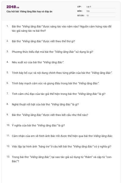 Câu hỏi bài: Viếng lăng Bác hay có đáp án