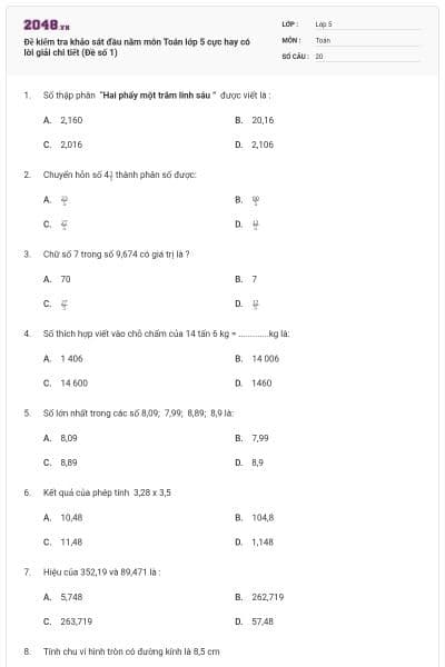 Đề kiểm tra khảo sát đầu năm môn Toán lớp 5 cực hay có lời giải chi tiết (Đề số 1)