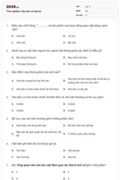 Trắc nghiệm: Văn bản có đáp án