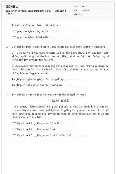 Giải Luyện từ và câu Tuần 4 trang 28, 29 VBT Tiếng Việt 4 Tập 1