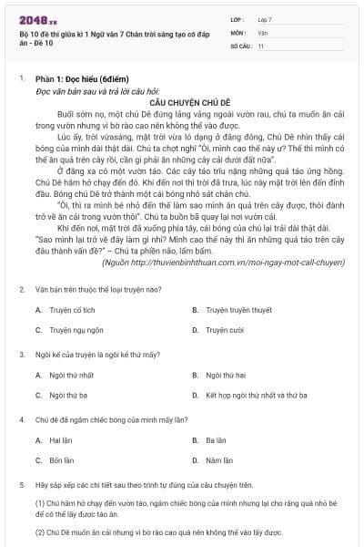 Bộ 10 đề thi giữa kì 1 Ngữ văn 7 Chân trời sáng tạo có đáp án - Đề 10