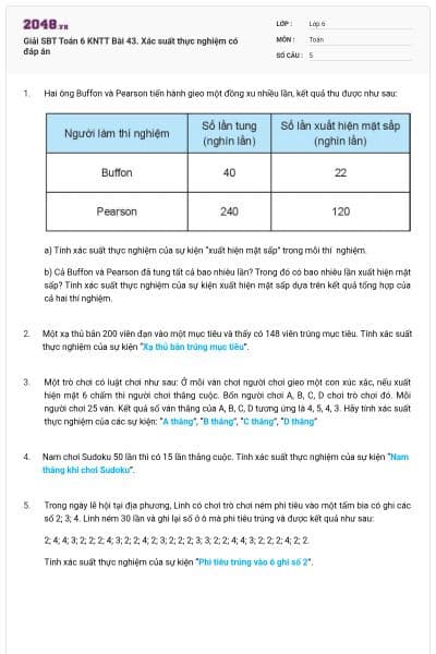 Giải SBT Toán 6 KNTT Bài 43. Xác suất thực nghiệm có đáp án
