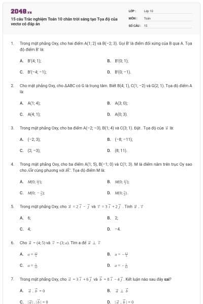 15 câu Trắc nghiệm Toán 10 chân trời sáng tạo Tọa độ của vectơ có đáp án