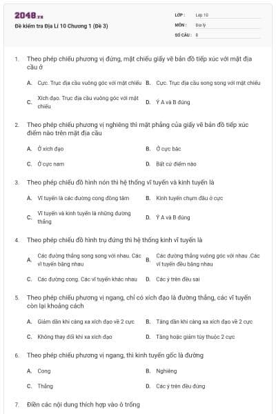 Đề kiểm tra Địa Lí 10 Chương 1 (Đề 3)