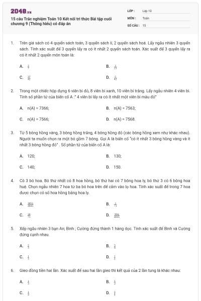 15 câu Trắc nghiệm Toán 10 Kết nối tri thức Bài tập cuối chương 9 (Thông hiểu) có đáp án