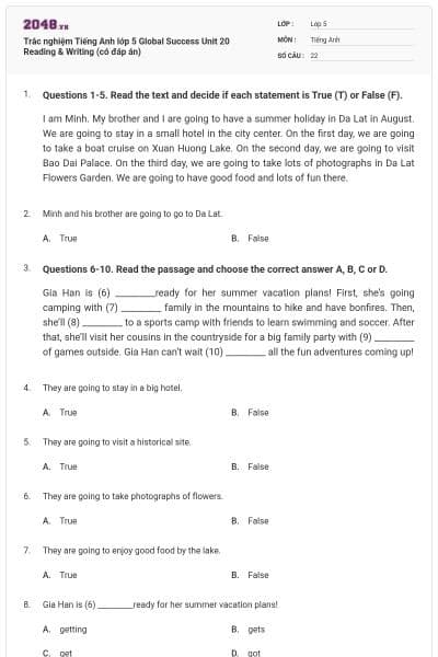 Trắc nghiệm Tiếng Anh lớp 5 Global Success Unit 20 Reading & Writing (có đáp án)