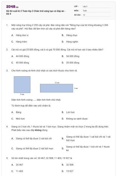 Đề thi cuối kì 2 Toán lớp 3 Chân trời sáng tạo có đáp án - Đề 4