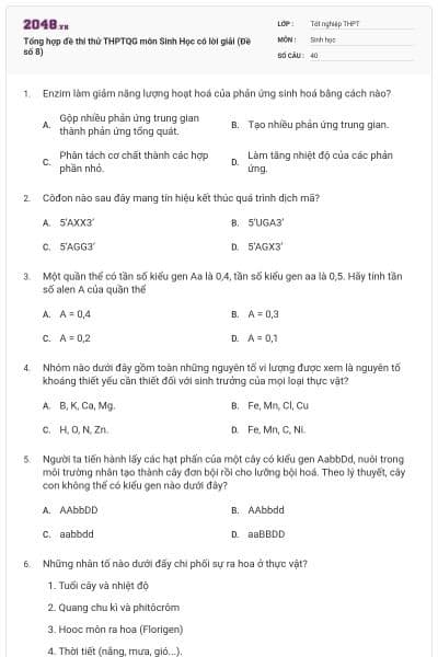 Tổng hợp đề thi thử THPTQG môn Sinh Học có lời giải (Đề số 8)