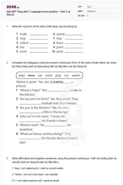 Giải SBT Tiếng Anh 7 Language focus practice – Unit 2 có đáp án