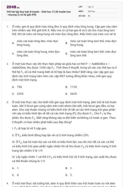 343 bài tập Quy luật di truyền - Sinh học 12 (Di truyền học - chương 2) có lời giải (P8)