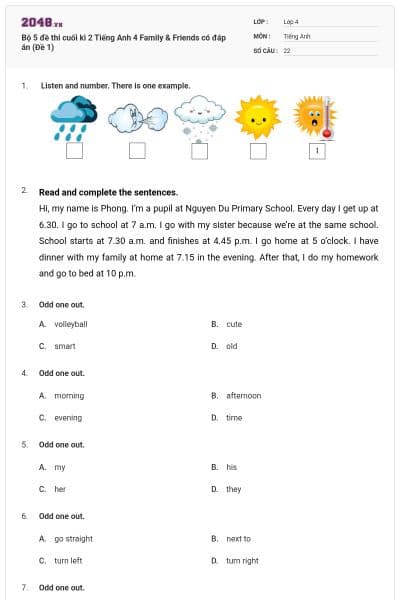 Bộ 5 đề thi cuối kì 2 Tiếng Anh 4 Family & Friends có đáp án (Đề 1)