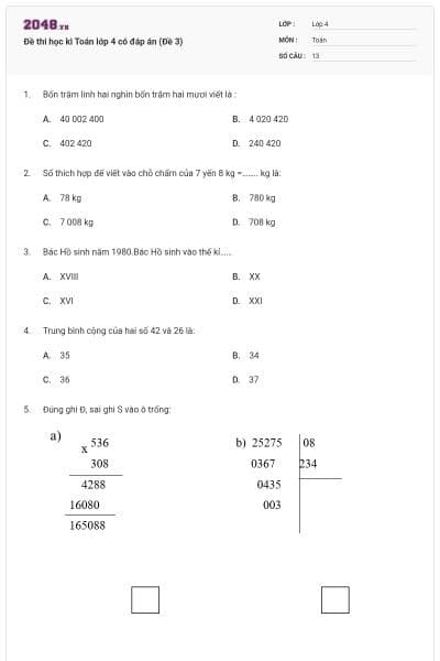 Đề thi học kì Toán lớp 4 có đáp án (Đề 3)