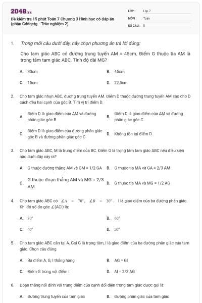 Đề kiểm tra 15 phút Toán 7 Chương 3 Hình học có đáp án (phần Cddqctg - Trắc nghiệm 2)