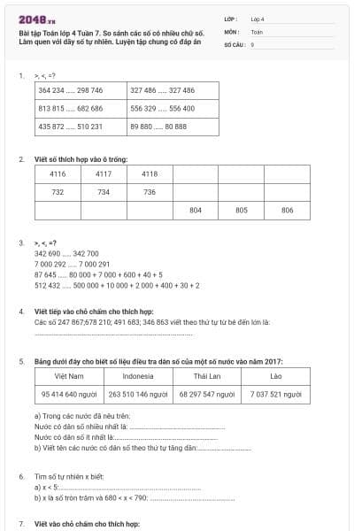 Bài tập Toán lớp 4 Tuần 7. So sánh các số có nhiều chữ số. Làm quen với dãy số tự nhiên. Luyện tập chung có đáp án