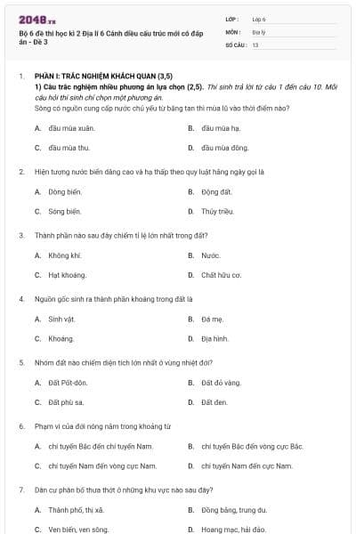 Bộ 6 đề thi học kì 2 Địa lí 6 Cánh diều cấu trúc mới có đáp án - Đề 3