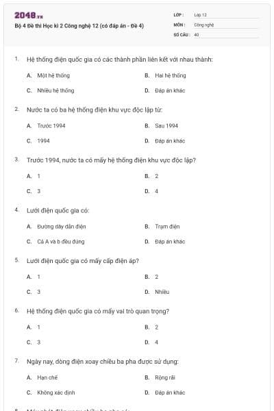 Bộ 4 Đề thi Học kì 2 Công nghệ 12 (có đáp án - Đề 4)