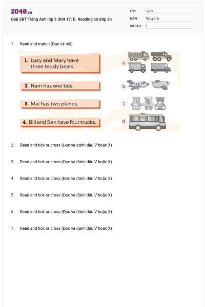 Giải SBT Tiếng Anh lớp 3 Unit 17: D. Reading có đáp án