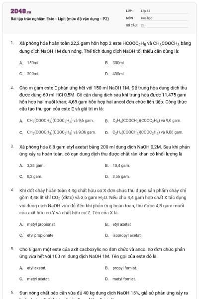 Bài tập trắc nghiệm Este - Lipit (mức độ vận dụng - P2)