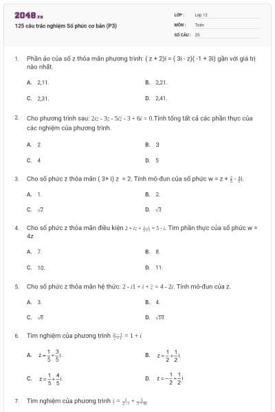 125 câu trắc nghiệm Số phức cơ bản (P3)