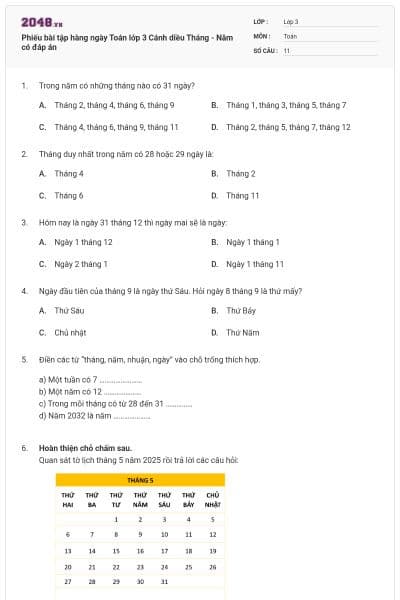 Phiếu bài tập hàng ngày Toán lớp 3 Cánh diều Tháng - Năm có đáp án
