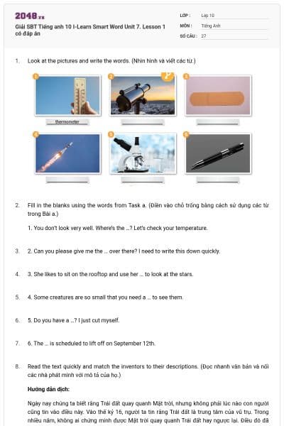 Giải SBT Tiếng anh 10 I-Learn Smart Word Unit 7. Lesson 1 có đáp án