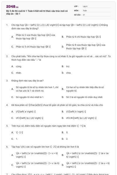 Bộ 5 đề thi cuối kì 1 Toán 6 Kết nối tri thức cấu trúc mới có đáp án - Đề 1