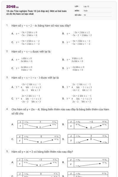 18 câu Trắc nghiệm Toán 10 (có đáp án): Môt số bài toán về đồ thị hàm số bậc nhất