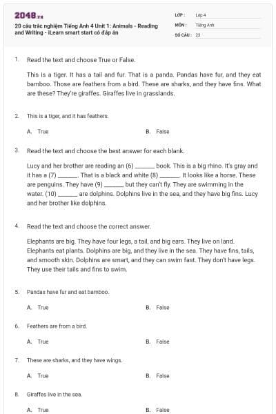 20 câu trắc nghiệm Tiếng Anh 4 Unit 1: Animals - Reading and Writing - iLearn smart start có đáp án